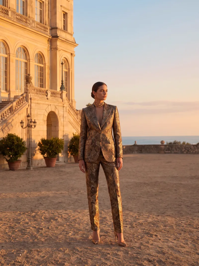 The source photograph: a model in a gold brocade suit on the sandy terrace of a stone villa at sunset, the sea behind her