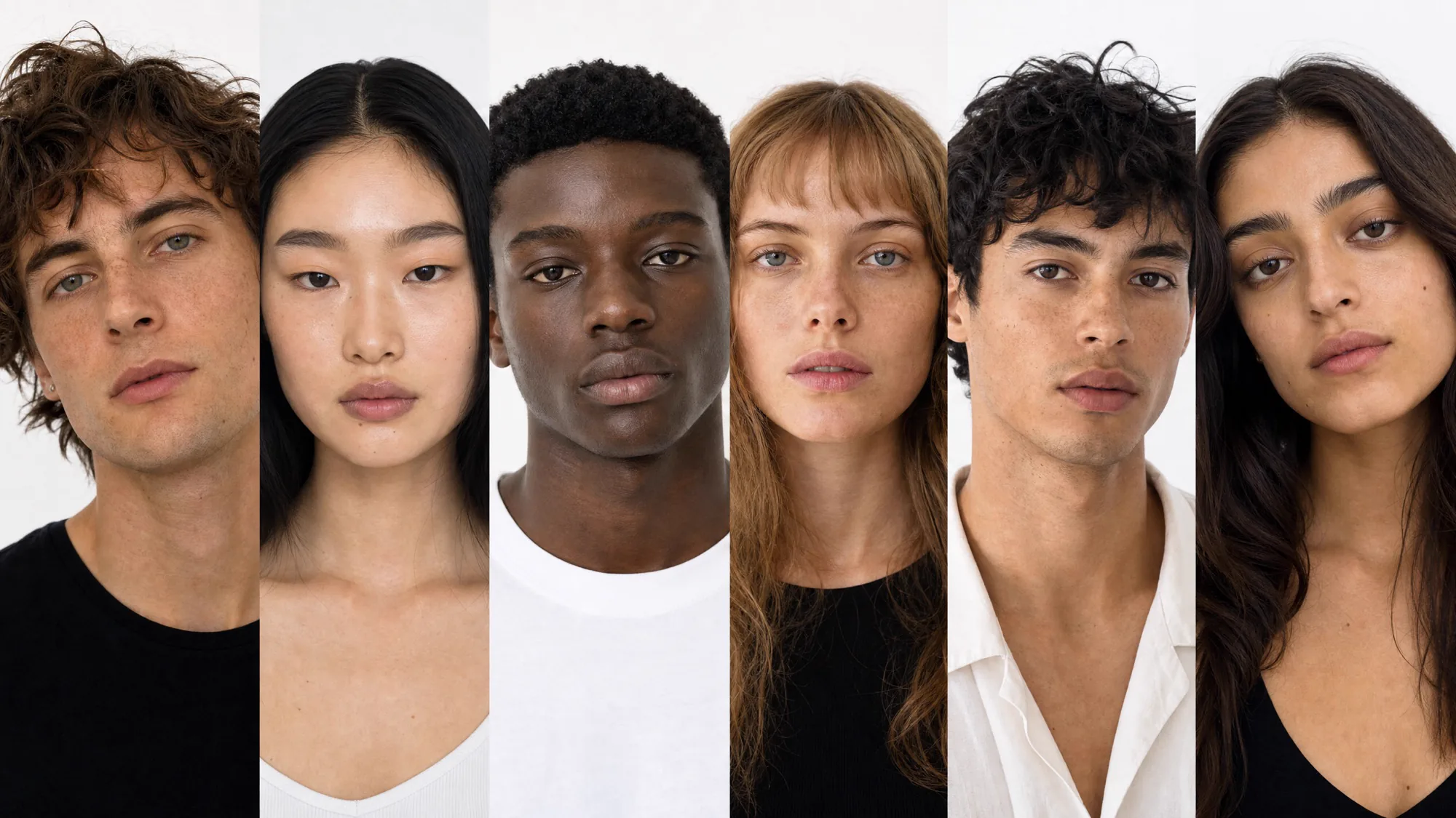 Six model portraits side by side, each shot in the same light and framing