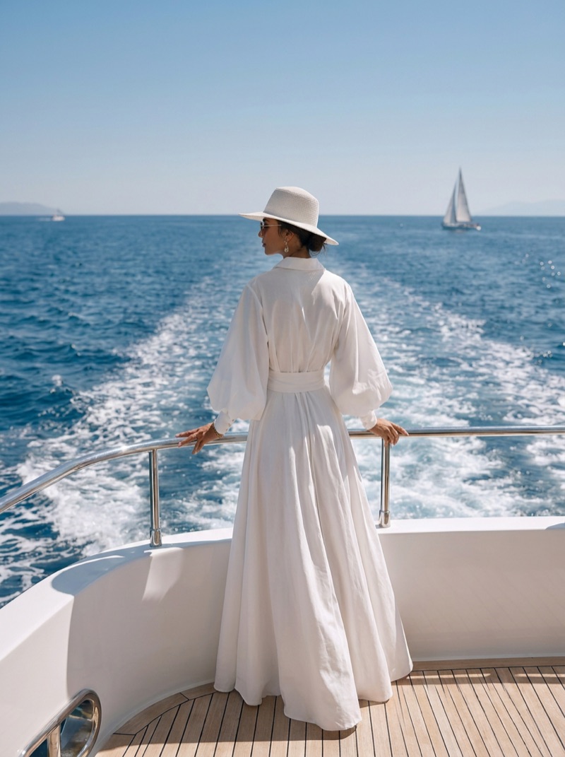 The model from behind at the stern, looking out to a passing sailboat