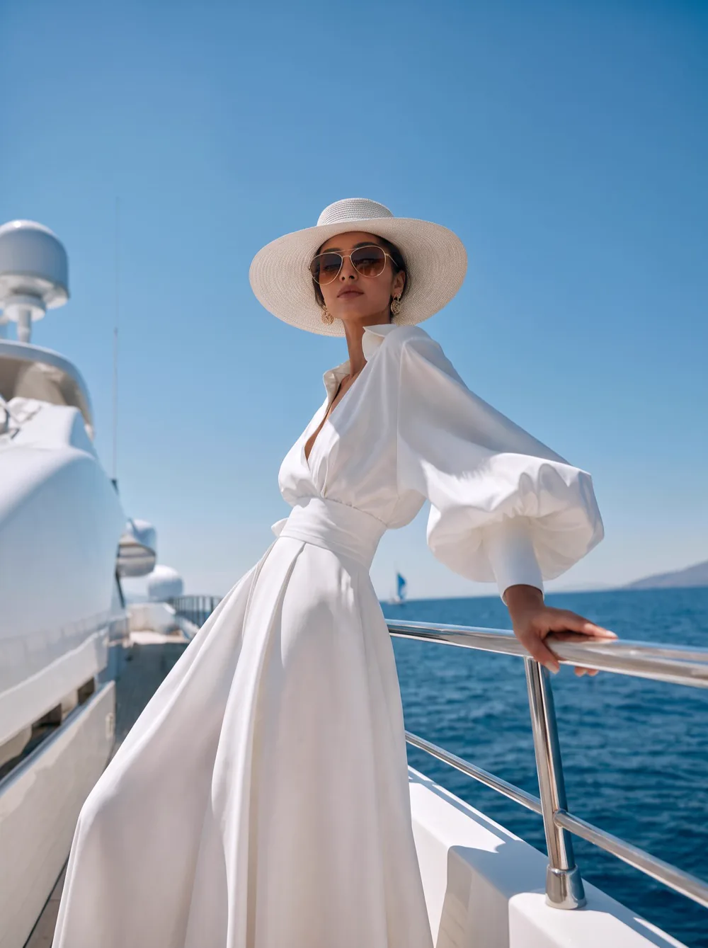 The source photograph: a model in a white shirt dress and wide-brim hat on a yacht deck