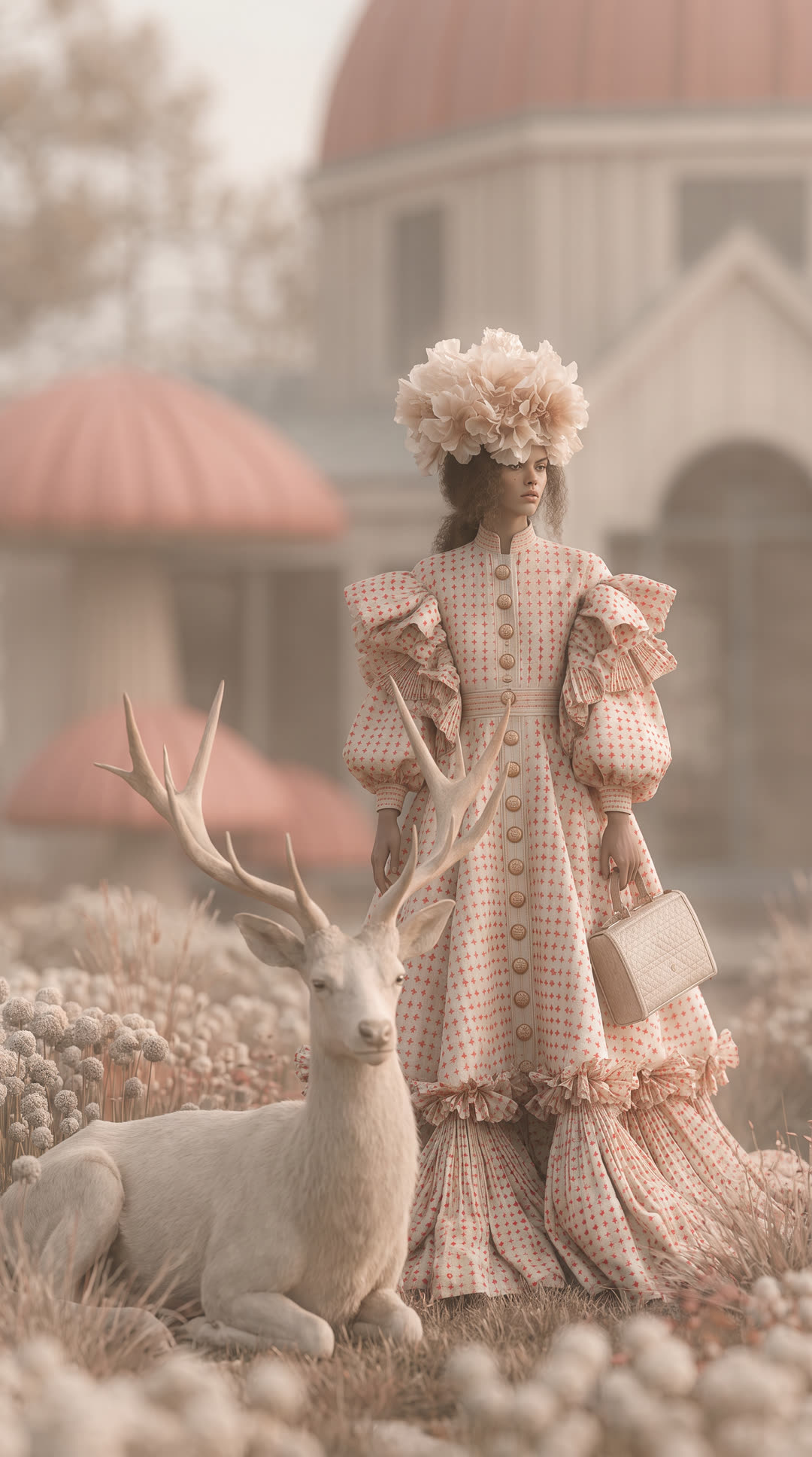 Model in a ruffled printed gown standing beside a white stag